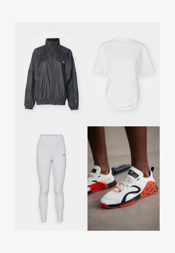 Giacca nera con zip, caratterizzata da un colletto alto, polsini elasticizzati e vita arricciata. Realizzata in tessuto leggero e morbido con dettaglio del logo.; Maglietta bianca in cotone con scollo rotondo, maniche corte e orlo curvo. Texture liscia senza motivi o accenti.; Leggings grigi chiari con vita alta, texture liscia e un piccolo logo nero sulla coscia sinistra. Dettagli di cuciture sottili su tutto il capo.; Scarpe da ginnastica bianche con accenti in stampa leopardata nera e arancione. Presentano una tomaia in tessuto testurizzato, una suola in gomma e un sistema di allacciatura.
