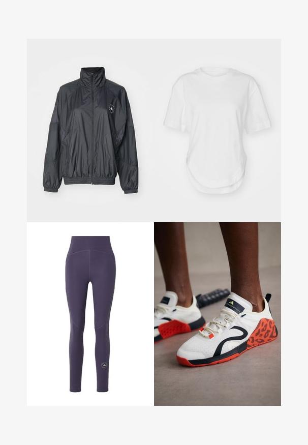 Czarna kurtka zapinana na zamek z wysokim kołnierzem, elastycznymi mankietami i marszczoną talią. Wykonana z lekkiego, gładkiego materiału z detalem z logo.; Biała bawełniana koszulka z okrągłym dekoltem, krótkimi rękawami i zaokrąglonym dołem. Gładka tekstura bez wzorów i akcentów.; Fioletowe legginsy z wysokim stanem. Wykonane z elastycznego materiału. Posiadają gładką teksturę oraz okrągłe logo w kontrastowym kolorze w okolicy kostki.; Białe tenisówki sportowe z czarno-pomarańczowym akcentem w panterkę. Posiadają teksturowaną cholewkę z tkaniny, gumową podeszwę i system sznurowania.
