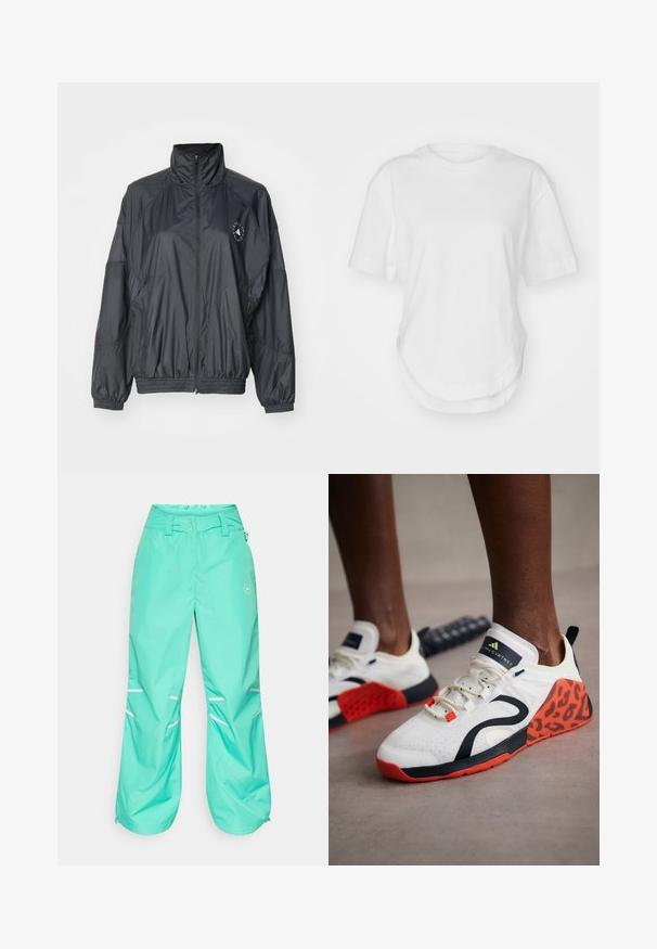 Czarna kurtka zapinana na zamek z wysokim kołnierzem, elastycznymi mankietami i marszczoną talią. Wykonana z lekkiego, gładkiego materiału z detalem z logo.; Biała bawełniana koszulka z okrągłym dekoltem, krótkimi rękawami i zaokrąglonym dołem. Gładka tekstura bez wzorów i akcentów.; Turkusowe wodoodporne spodnie o luźnym kroju, z regulowanym pasem, odblaskowymi paskami i zamkami błyskawicznymi przy nogawkach dla dodatkowej funkcjonalności.; Białe tenisówki sportowe z czarno-pomarańczowym akcentem w panterkę. Posiadają teksturowaną cholewkę z tkaniny, gumową podeszwę i system sznurowania.