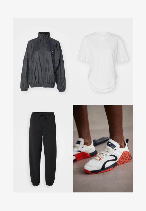 Černá zipová bunda s vysokým límcem, elastickými manžetami a nařaseným pasem. Vyrobená z lehkého, hladkého materiálu s logem.; Bílý bavlněný tričko s kulatým výstřihem, krátkými rukávy a zaobleným lemem. Hladká textura bez vzorů nebo akcentů.; Černé tepláky vyrobené z měkké tkaniny, s elastickým pasem se šňůrkou, manžetami na kotnících a malým logem na spodní části nohy.; Bílé atletické boty s černým a oranžovým leopardím potiskem. Mají textilní svršek, gumovou podrážku a systém šněrování.