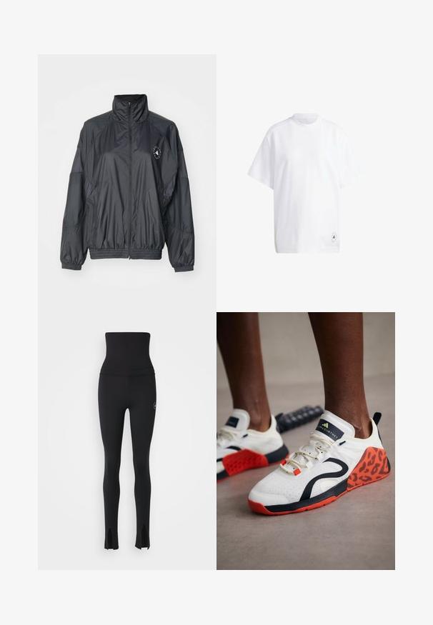 Črna zip-up jakna z visokim ovratnikom, elastičnimi manšetami in nabrano pasu. Narejena iz lahkega, gladkega materiala z detajlom logotipa.; Bela bombažna majica s kratkimi rokavi, okroglim ovratnikom in sproščenim krojem. Opazna podrobnost: majhna črna grafična nalepka na robu.; adidas by Stella McCartney Pajkice - black; Bele športne čevlje v belih tonih s črno-oranžnim leopardjim vzorcem. Imajo teksturirano zgornje platno, gumijast podplat in sistem vezalk.