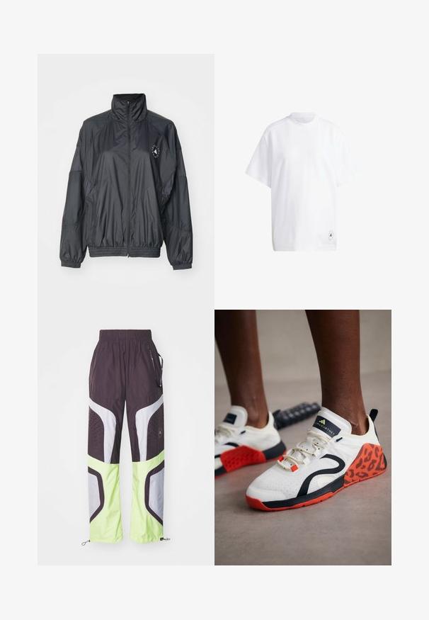 Veste zippée noire avec un col haut, des poignets élastiqués et une taille froncée. Fabriquée en tissu léger et lisse avec un détail de logo.; T-shirt en coton blanc à manches courtes, col rond et coupe décontractée. Détail notable : petit logo graphique noir sur l'ourlet.; adidas by Stella McCartney ASMC TP - Pantalon de survêtement - mineral red/pulse lime; Baskets blanches de sport avec un accent léopard noir et orange. Caractéristiques : tige en tissu texturé, semelle en caoutchouc et système de laçage.