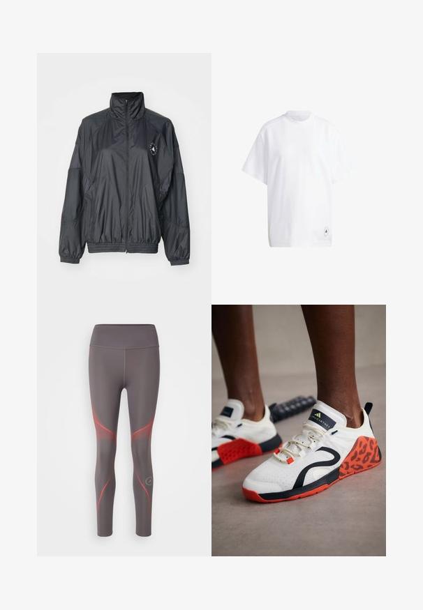 Giacca nera con zip, caratterizzata da un colletto alto, polsini elasticizzati e vita arricciata. Realizzata in tessuto leggero e morbido con dettaglio del logo.; T-shirt bianco in cotone con maniche corte, collo rotondo e vestibilità rilassata. Dettaglio notevole: piccolo logo grafico nero sull'orlo.; Leggings sportivi grigi con accenti diagonali rossi; vita alta, texture liscia, design aderente, con dettaglio del logo nella parte bassa della gamba.; Scarpe da ginnastica bianche con accenti in stampa leopardata nera e arancione. Presentano una tomaia in tessuto testurizzato, una suola in gomma e un sistema di allacciatura.