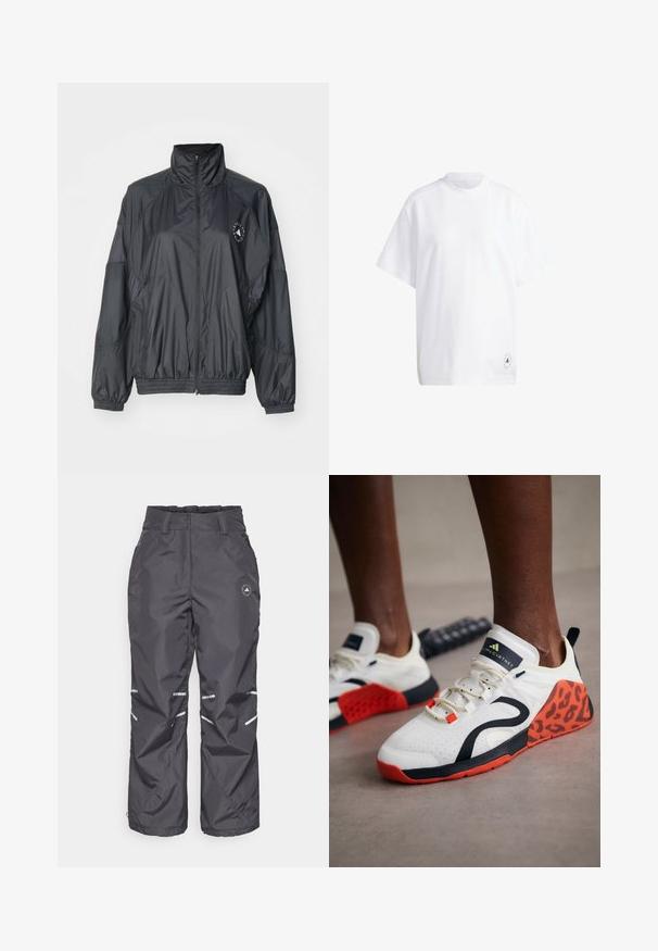 Črna zip-up jakna z visokim ovratnikom, elastičnimi manšetami in nabrano pasu. Narejena iz lahkega, gladkega materiala z detajlom logotipa.; Bela bombažna majica s kratkimi rokavi, okroglim ovratnikom in sproščenim krojem. Opazna podrobnost: majhna črna grafična nalepka na robu.; Sive vodoodporne hlače za sneg z udobnim krojem, nastavljivim pasom, odsevnimi črtami in logotipom na levi stegn. Gladka tekstura.; Bele športne čevlje v belih tonih s črno-oranžnim leopardjim vzorcem. Imajo teksturirano zgornje platno, gumijast podplat in sistem vezalk.