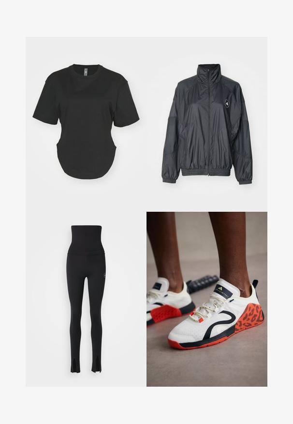 Czarna kurtka zapinana na zamek z wysokim kołnierzem, elastycznymi mankietami i marszczoną talią. Wykonana z lekkiego, gładkiego materiału z detalem z logo.; Czarny, krótki t-shirt z bawełny. Okrągły dekolt, zaokrąglony dół i boczne rozcięcia. Gładka tekstura, luźny krój.; adidas by Stella McCartney - Rajstopy; Białe tenisówki sportowe z czarno-pomarańczowym akcentem w panterkę. Posiadają teksturowaną cholewkę z tkaniny, gumową podeszwę i system sznurowania.