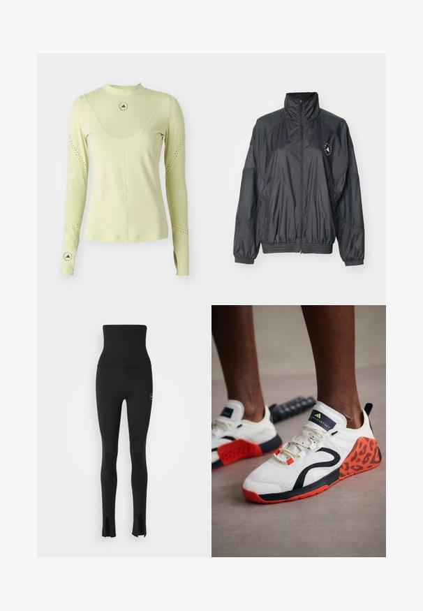 Black zip-up jacket featuring a high collar, elasticated cuffs, and a gathered waist. Made from lightweight, smooth fabric with a logo detail.; adidas by Stella McCartney Long sleeved top - halo gold; adidas by Stella McCartney Leggings - black; White athletic shoes with a black and orange leopard print accent. Features a textured fabric upper, rubber sole, and lacing system.