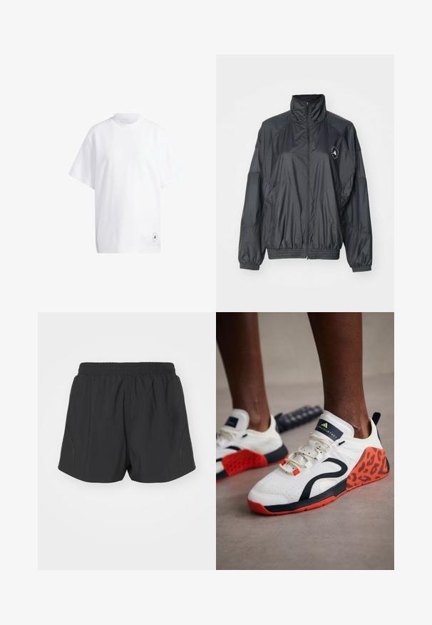 Black zip-up jacket featuring a high collar, elasticated cuffs, and a gathered waist. Made from lightweight, smooth fabric with a logo detail.; White cotton t-shirt with short sleeves, round neck, and a relaxed fit. Notable detail: small black graphic logo on the hem.; Black running shorts with an elastic waistband, lightweight fabric, and textured design featuring subtle side accents.; White athletic shoes with a black and orange leopard print accent. Features a textured fabric upper, rubber sole, and lacing system.