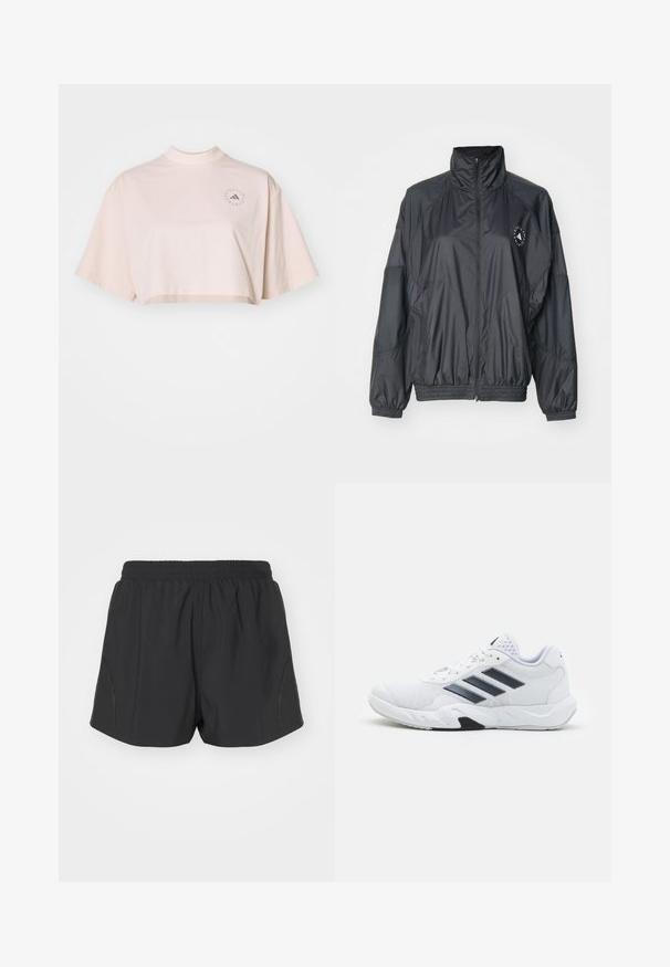 Must harilik kapuutsiga must jope, millel on elastsed mansetid ja kogutud talje. Valmistatud kerge ja siledast kangast, millel on logodetail.; Kootud t-särk helesinisest puuvillast, millel on vale kaelus ja lühikesed, laiad varrukad. Rinnal on diskreetne ümmargune logo detail.; Mustad mustujooksu lühikesed püksid elastse vöökoha, kerge kangaga ja tekstureeritud disainiga, millel on peened külgedel riputused.; Valge spordijalats, millel on võrkpealne, kolm musta triipu küljepeal, tekstuuriga aktsendid ning tugev kummist tallaosa, millel on kontrastne must osa.