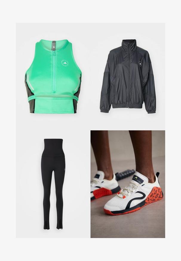 Černá zipová bunda s vysokým límcem, elastickými manžetami a nařaseným pasem. Vyrobená z lehkého, hladkého materiálu s logem.; Zelený sportovní crop top se zipem vpředu, se černými akcenty, reflexními detaily a logem. Vyrobeno z hladké, elastické tkaniny.; adidas by Stella McCartney Punčochy - black; Bílé atletické boty s černým a oranžovým leopardím potiskem. Mají textilní svršek, gumovou podrážku a systém šněrování.