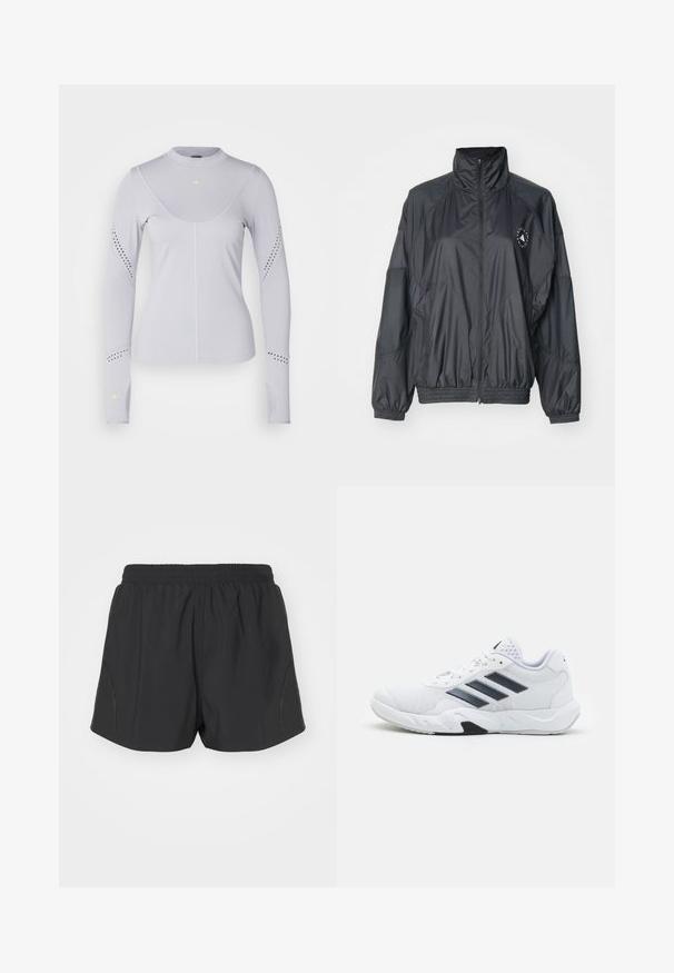 Zwarte zip-up jack met een hoge kraag, elastische manchetten en een gathered taille. Gemaakt van lichtgewicht, soepele stof met een logo detail.; adidas by Stella McCartney Longsleeve - glory grey; Zwarte hardloopshorts met een elastische tailleband, lichtgewicht stof en een textuurontwerp met subtiele zijaccenten.; Witte sportieve schoen met een bovenwerk van mesh, drie zwarte strepen aan de zijkant, gestructureerde accenten en een stevige rubberen zool met een contrasterend zwart gedeelte.