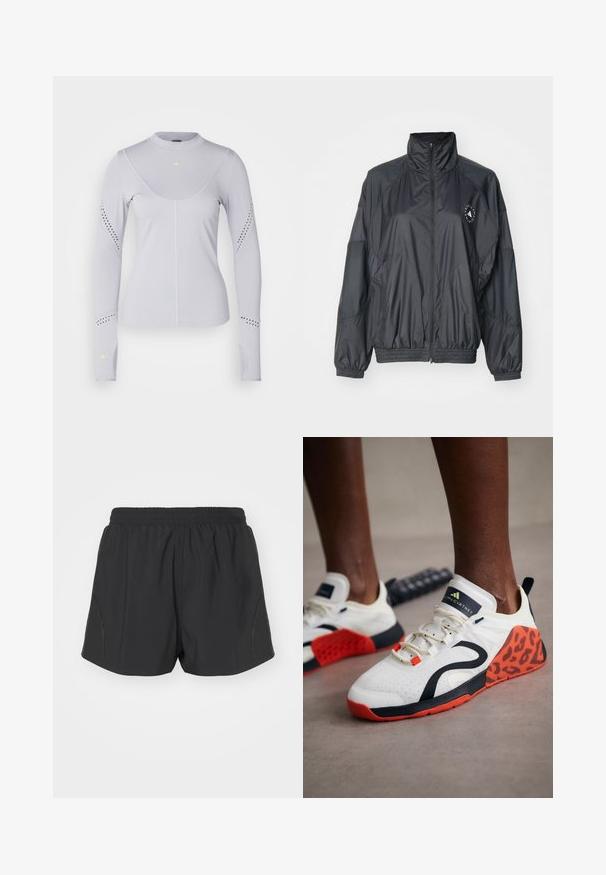 Schwarze Reißverschlussjacke mit hohem Kragen, elastischen Bündchen und gerafftem Bund. Hergestellt aus leichtem, glattem Stoff mit Logodetail.; adidas by Stella McCartney Langarmshirt - glory grey; Schwarze Laufshorts mit einem elastischen Bund, leichtem Gewebe und strukturiertem Design mit dezenten seitlichen Akzenten.; Weiße Sportschuhe mit einem Akzent aus schwarzem und orangefarbenem Leopardenmuster. Sie verfügen über ein strukturiertes Obermaterial, eine Gummisohle und ein Schnürsystem.