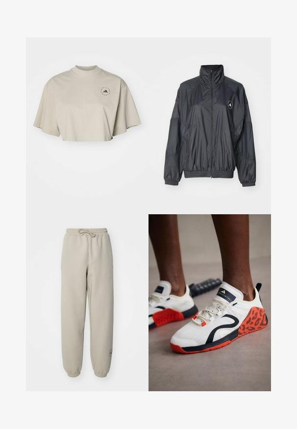 Juodas zip-up džemperis su aukštu apykakle, elastingomis rankovėmis ir susiraukšlėjusiu juosmeniu. Pagamintas iš lengvo, glotnaus audinio su logotipo detalėmis.; Trumpa, trumpomis rankovėmis marškinėliai iš šviesiai smėlio spalvos medvilnės. Yra aukštas kaklas ir juodas apvalus logotipas kairėje krūtinės pusėje.; Šviesiai rudos spalvos sportinės kelnės su elastinga juosmeniu ir raišteliu, turi šonines kišenes ir logotipo detalę ant apatinės kojos dalies. Tekstūruota medžiaga.; Baltos sportinės bateliai su juodu ir oranžiniu leopardų raštu. Yra tekstūruotas audinys viršuje, guminis padas ir nėrimo sistema.