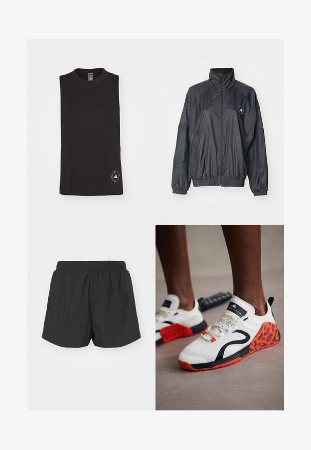 Čierna zipová bunda s vysokým golierom, elastickými manžetami a zbieraným pásom. Vyrobená z ľahkej, hladkej látky s detailom loga.; Čierny bezrúškový top vyrobený z mäkkej bavlny, s okrúhlym výstrihom a kruhovým logom bielej farby v pravom dolnom rohu.; Čierne bežecké šortky s elastickým pásom, vyrobené z ľahkej tkaniny, s textúrovaným dizajnom a nenápadnými bočnými akcentmi.; Biele športové topánky s čiernym a oranžovým leopardím vzorom. Majú textilný zvršok, gumovú podrážku a systém šnurovania.