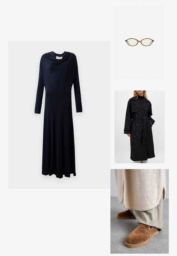 Mustat trench-coatit, joissa on kaksirivinen malli, suuret lapiot, solmimisvyö ja nappikoristeet; sileä pinta ja pitkät hihat.; Pitkähihaisen tummansinisen mekon, jossa on kauniisti laskeutuva pääntie, virtaava muotoilu ja sileä kangas. Mekossa on istuva yläosa ja levenevä hame.; Ruskeat mokkasandaalit, joissa on pyöreä kärki, kumipohja ja sivuleikkaukset, yhdistettynä vaaleanbeigeisiin räätälöityihin housuihin.; Kilpikonnakuosiset silmälasit, joissa on soikeat linssit ja tyylikäs, sileä pinta. Ominaisuudet: ohuet sivut, joissa on hienovarainen kaari temppeleissä. Kirkkaat linssit.