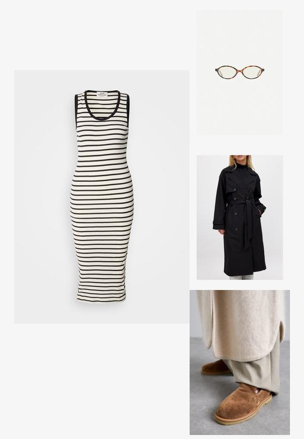 Čierny trenčkot s dvojradovým strihom, veľkými klopami, opaskom na viazanie a gombíkovými detailmi; hladká textúra s dlhými rukávmi.; Šedý skrátený sveter vyrobený z mäkkého, nadýchaného materiálu. Obsahuje dlhé rukávy a okrúhly výstrih, s hladkou, ľahkou textúrou.; Prúžkovaná tank šaty v krémovej a čiernej farbe. Vytkaná textúra, priliehavý strih, bez rukávov s okrúhlym výstrihom. Dĺžka po polovicu lýtok.; Hnedé semišové slip-on topánky s okrúhlou špičkou, gumovou podrážkou a bočnými výrezmi, v kombinácii s svetlo béžovými zúženými nohavicami.; Korytnačkové okuliare s oválnymi šošovkami a hladkým, lesklým povrchom. Majú tenké strany s jemným zakrivením na spánkoch. Priehľadné šošovky.