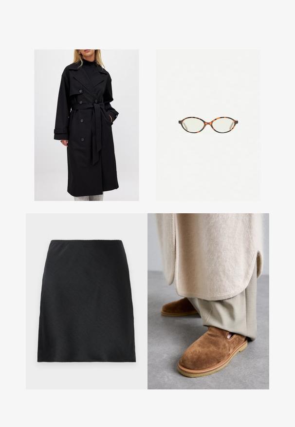 Schwarzer Trenchcoat mit einem doppelt knöpfbaren Design, großen Revers, einem Tie-Belt und Knopfakzenten; glatte Textur mit langen Ärmeln.; Grauer, kürzerer Pullover aus weichem, flauschigem Material. Mit langen Ärmeln und rundem Ausschnitt, sowie einer glatten, leichten Textur.; Schwarzer Satin-Minirock mit glatter Textur und geradem Saum, dargestellt vor einem schlichten weißen Hintergrund.; Braune Wildleder-Slipper mit runder Zehenform, Gummisohle und seitlichem Cutout-Detail, kombiniert mit hellbeigen, maßgeschneiderten Hosen.; Schildpatt-Eyegläser mit ovalen Gläsern und einer eleganten, glatten Oberfläche. Mit dünnen Seiten und einer subtilen Kurve an den Schläfen. Klare Gläser.; Hellgrauer Cashmere-Schal mit gedrehter Form, weichem Griff und spitzen Enden. Auf der Oberseite befindet sich ein kleines Etikett mit Markeninformationen.