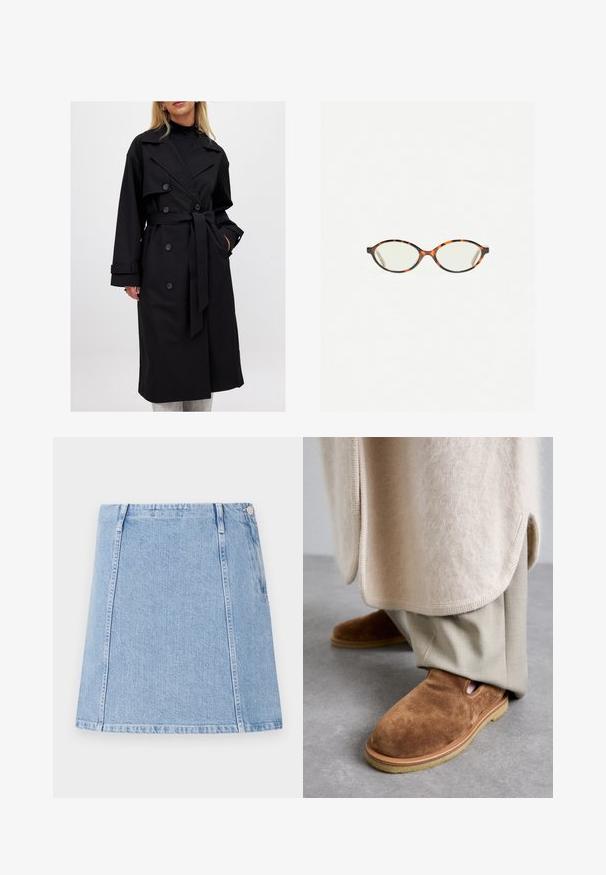 Cappotto lungo nero con design doppiopetto, grandi rever, cintura a cravatta e bottoni decorativi; tessuto liscio con maniche lunghe.; Maglione grigio corto realizzato in materiale morbido e peluche. Presenta maniche lunghe e un collo tondo, con una texture liscia e leggera.; Gonna di jeans azzurri chiari con taglio dritto, dettagli di cucitura visibili e una tasca laterale. Il materiale è testurizzato con una finitura morbida.; Scarpe slip-on in suede marrone con punta tonda, suola in gomma e dettagli a taglio laterale, abbinate a pantaloni beige chiaro su misura.; Occhiali in tartaruga con lenti ovali e una finitura liscia e elegante. Presentano aste sottili con una leggera curva alle tempie. Lenti trasparenti.; Sciarpa in cashmere grigio chiaro con un design intrecciato, morbida al tatto e con le estremità appuntite. Presenta un piccolo etichetta con le informazioni sul marchio in alto.