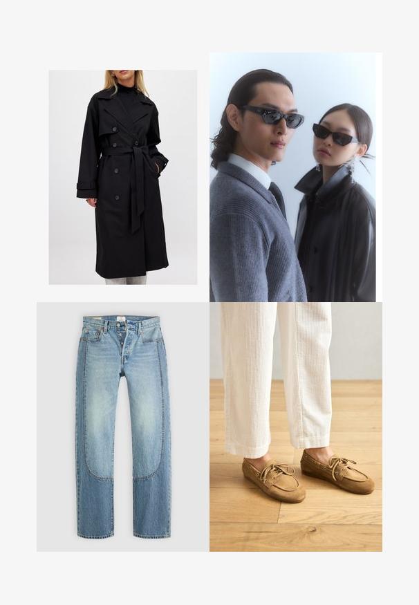 Schwarzer Trenchcoat mit einem doppelt knöpfbaren Design, großen Revers, einem Tie-Belt und Knopfakzenten; glatte Textur mit langen Ärmeln.; Grauer, kürzerer Pullover aus weichem, flauschigem Material. Mit langen Ärmeln und rundem Ausschnitt, sowie einer glatten, leichten Textur.; Helle blaue Denim-Jeans mit einem geraden, lockeren Schnitt, die kontrastierende Paneeldetails und ein Fünf-Taschen-Design aufweisen. Knopfverschluss.; Braune Wildleder-Bootsschuhe mit Schnürsenkeln, abgerundeter Zehenpartie und gesteppten Akzenten. Getragen mit weißen Cordhosen in einer Holzumgebung.; Sonnenbrille mit eckigen schwarzen Rahmen, getragen von einem Modell mit einem grauen Pullover, der ein strukturiertes Strickmuster zeigt, sowie einer schwarzen Lederjacke, die von einem anderen Modell getragen wird.; Hellgrauer Cashmere-Schal mit gedrehter Form, weichem Griff und spitzen Enden. Auf der Oberseite befindet sich ein kleines Etikett mit Markeninformationen.