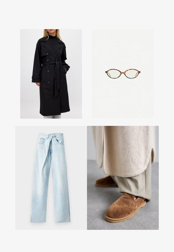 Cappotto lungo nero con design doppiopetto, grandi rever, cintura a cravatta e bottoni decorativi; tessuto liscio con maniche lunghe.; Maglione grigio corto realizzato in materiale morbido e peluche. Presenta maniche lunghe e un collo tondo, con una texture liscia e leggera.; Jeans in denim azzurro chiaro a gamba larga, caratterizzati da una particolare cintura incrociata e design a cinque tasche. Tessuto morbido e tagli lineari.; Scarpe slip-on in suede marrone con punta tonda, suola in gomma e dettagli a taglio laterale, abbinate a pantaloni beige chiaro su misura.; Occhiali in tartaruga con lenti ovali e una finitura liscia e elegante. Presentano aste sottili con una leggera curva alle tempie. Lenti trasparenti.