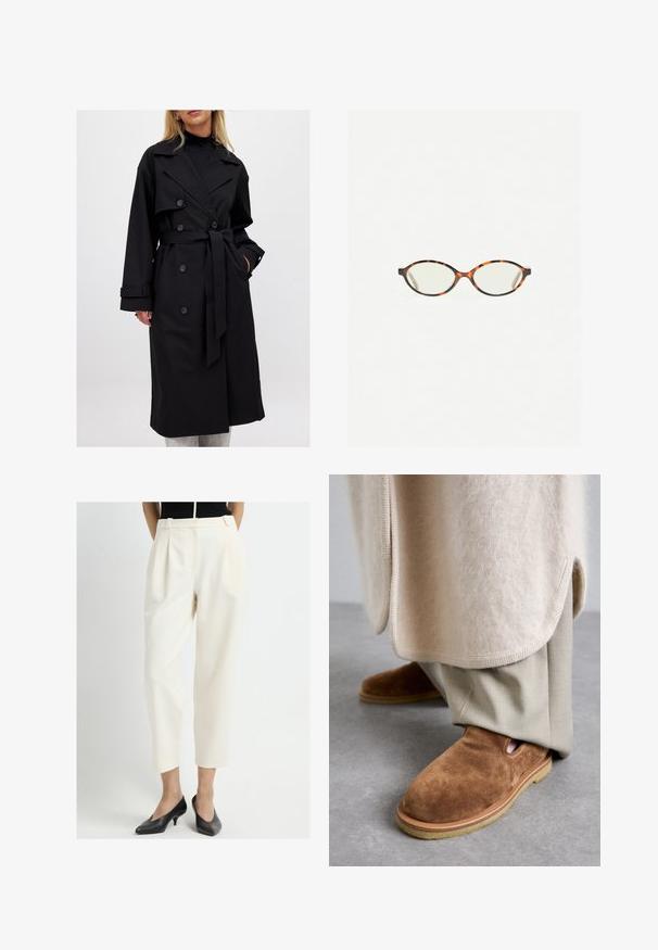 Black trench coat featuring a double-breasted design, large lapels, a tie belt, and button accents; smooth texture with long sleeves.; Gray cropped sweater made from soft, fuzzy material. Features long sleeves and a round neckline, with a smooth, lightweight texture.; Cream-colored high-waisted trousers with pleats, tapered legs, and side pockets, paired with black low-heeled shoes. Smooth texture.; Brown suede slip-on shoes with a rounded toe, rubber sole, and side cutout detail, paired with light beige tailored pants.; Tortoiseshell eyeglasses with oval lenses and a sleek, smooth finish. Features thin sides with a subtle curve at the temples. Clear lenses.