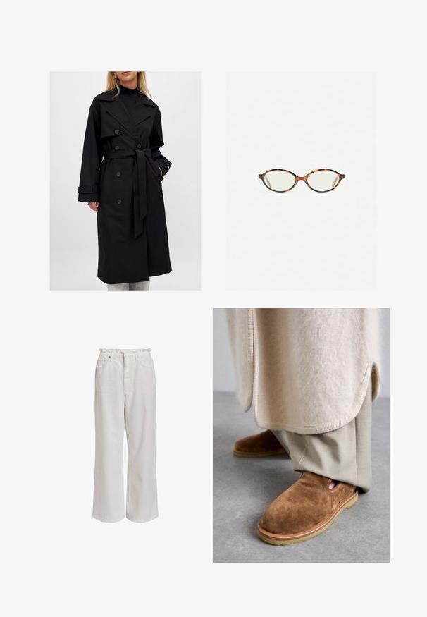 Mustat trench-coatit, joissa on kaksirivinen malli, suuret lapiot, solmimisvyö ja nappikoristeet; sileä pinta ja pitkät hihat.; Harmaa lyhythihainen neulepaita, joka on valmistettu pehmeästä ja pörröisestä materiaalista. Siinä on pitkät hihat ja pyöreä kaula-aukko, sekä sileä ja kevyt rakenne.; Valkeat leveät lahkeet housut, joissa on röyhelövyötärö, etutaskut ja sileä, pehmeä rakenne. Valmistettu kevyestä puuvillamateriaalista.; Ruskeat mokkasandaalit, joissa on pyöreä kärki, kumipohja ja sivuleikkaukset, yhdistettynä vaaleanbeigeisiin räätälöityihin housuihin.; Kilpikonnakuosiset silmälasit, joissa on soikeat linssit ja tyylikäs, sileä pinta. Ominaisuudet: ohuet sivut, joissa on hienovarainen kaari temppeleissä. Kirkkaat linssit.; Vaalea harmaa kashmirhuivi, jossa on kierretty muotoilu, pehmeä pinta ja terävät päät. Huivissa on pieni etiketti, jossa on tuotemerkin tiedot ylhäällä.