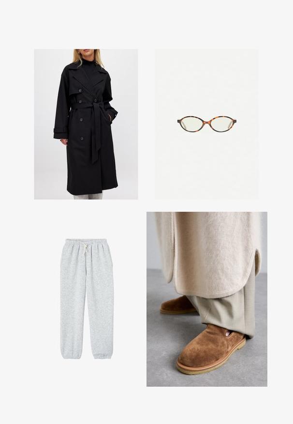 Čierny trenčkot s dvojradovým strihom, veľkými klopami, opaskom na viazanie a gombíkovými detailmi; hladká textúra s dlhými rukávmi.; Svetlý šedý svetrový pulóver s dlhým rukávom, vyrobený z jemného, nadýchaného materiálu. Má okrúhly výstrih a uvoľnený strih. Žiadne viditeľné vzory ani kovové prvky.; Šedé tepláky vyrobené z jemnej tkaniny, s elastickým pásom na šnúrku a elastickými manžetami na členkoch.; Hnedé semišové slip-on topánky s okrúhlou špičkou, gumovou podrážkou a bočnými výrezmi, v kombinácii s svetlo béžovými zúženými nohavicami.; Korytnačkové okuliare s oválnymi šošovkami a hladkým, lesklým povrchom. Majú tenké strany s jemným zakrivením na spánkoch. Priehľadné šošovky.; Svetlosivý kašmírový šál s točitým dizajnom, jemnou textúrou a špicatými koncami. Obsahuje malú nálepku s informáciami o značke na vrchu.