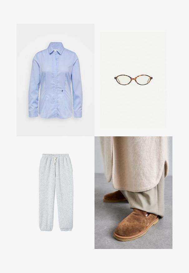 Schwarzer Trenchcoat mit einem doppelt knöpfbaren Design, großen Revers, einem Tie-Belt und Knopfakzenten; glatte Textur mit langen Ärmeln.; Himmelblaues, langärmliges Hemd mit Knopfverschluss aus glattem Stoff; verfügt über einen Kragen und eine kleine schwarze Rosenstickerei auf der linken unteren Seite.; Graue Sweatpants aus weichem Stoff, mit einem elastischen Bund und einem Kordelzug sowie elastischen Bündchen an den Knöcheln.; Braune Wildleder-Slipper mit runder Zehenform, Gummisohle und seitlichem Cutout-Detail, kombiniert mit hellbeigen, maßgeschneiderten Hosen.; Schildpatt-Eyegläser mit ovalen Gläsern und einer eleganten, glatten Oberfläche. Mit dünnen Seiten und einer subtilen Kurve an den Schläfen. Klare Gläser.; Hellgrauer Cashmere-Schal mit gedrehter Form, weichem Griff und spitzen Enden. Auf der Oberseite befindet sich ein kleines Etikett mit Markeninformationen.