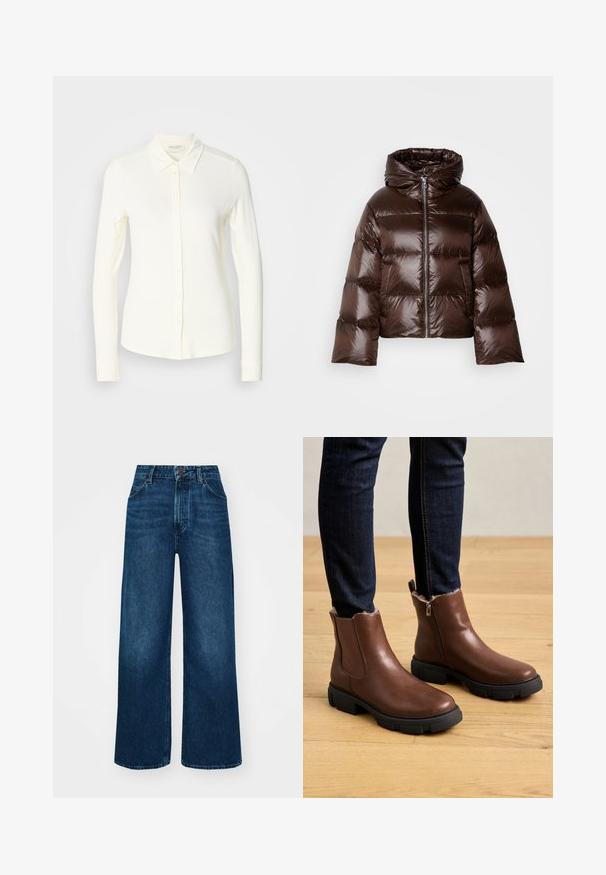Giacca imbottita marrone con finitura lucida, cappuccio, cerniera frontale e maniche larghe; presenta un'imbottitura trapuntata per l'isolamento.; Camicia a maniche lunghe di colore crema, realizzata in tessuto morbido. Caratterizzata da un colletto classico e un orlo dritto con dettagli a bottoni.; Jeans a vita alta e gamba larga in denim blu scuro con una texture liscia, cuciture a contrasto e design a cinque tasche. Chiusura frontale con bottone.; Stivali alla caviglia in pelle marrone con chiusura a zip, superficie texture, suola spessa in gomma nera e morbido rivestimento in pelliccia all'interno della caviglia.