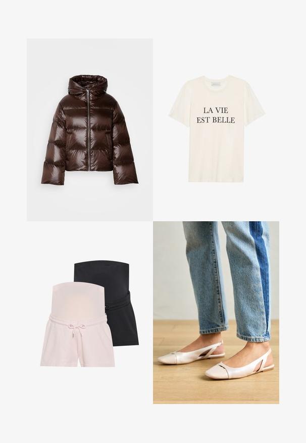 Ruda pūsta striukė su blizgiu paviršiumi, su gaubtu, priekyje užtrauktuku ir plačiomis rankovėmis; su siūtu pašiltinimu šilumai.; Kreminės spalvos medvilnės T-shirt su trumpomis rankovėmis ir apvaliu iškirpimu. Priekyje išskirtas centrinis juodas tekstas "LA VIE EST BELLE".; Du komplektai nėštukų šortų: vieni rožiniai, kiti juodi. Abiem šortams būdingas elastingas juosmuo ir raištelis, leidžiantis reguliuoti dydį.; Šviesiai rožiniai slingback baleto bateliai su smailiu pirštu, pagaminti iš lygios odai panašios medžiagos. Yra išpjovimų detalės šonuose ir plokščias kulnas.