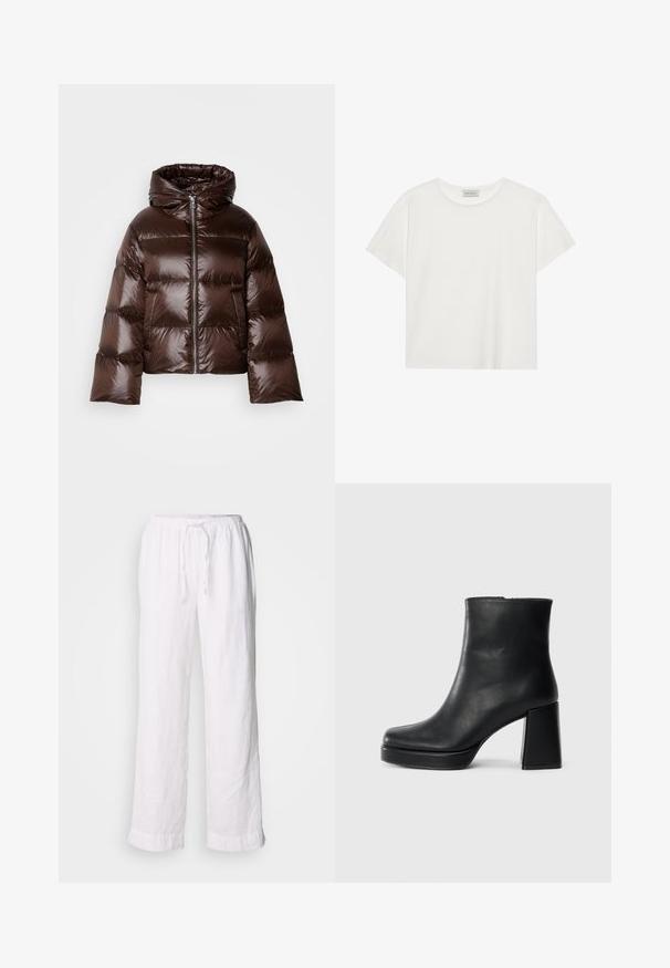 Ruskea kiiltävä toppatakki, jossa on huppu, etuvetoketju ja leveät hihat; varustettu tikatulla eristyspäällysteellä.; Valkoinen lyhythihainen T-paita, joka on valmistettu pehmeästä puuvillasta. Siinä on pyöreä kaula-aukko ja rento istuvuus. Siisti muotoilu ilman näkyviä kuvioita tai yksityiskohtia.; Valkoiset pellavahousut, joissa on rento istuvuus, joustava vyötärö ja nauhakuja. Suorat lahkeet ja käännetyt helmat tarjoavat rentoa ilmettä.; Musta nahkasaapas nilkkapituisena, jossa on paksu korko ja alustapohja, nähtynä sivulta yksinkertaisella valkoisella taustalla.