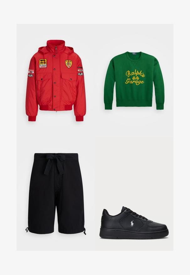 Sarkans izolēts jaka ar kapuci, kurai ir vairāki priekšējie kabatas, melnas pogas un dažādi sacīkšu logotipi uz krūtīm un piedurknēm.; Zaļš sporta krekls ar noapaļotu kakla izgriezumu, ar dzelteniem izšūtiem uzrakstiem "Ralph’s Garage" un šaha karoga detaļām. Izgatavots no kokvilnas maisījuma materiāla.; Melnas peldbikses, kas izgatavotas no viegla auduma, ar elastīgu jostu viduklī un regulējamiem trīsstūrveida ielocēm apakšā.; Melni ādas sporta apavi ar perforētu dizainu, plakanu auklu aizdari un baltu izšūtu logotipu sānos. Resna melna gumijas zole.