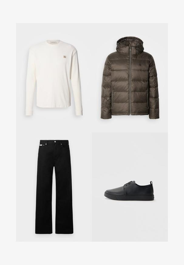 Hnědá zateplená bunda s kapucí, vybavená předním zipem, bočními kapsami a prošívaným vzorem. Materiál vypadá lehce a hladce.; Bílý termální top s dlouhým rukávem a žebrovanou strukturou, na hrudi s malou béžovou nášivkou a obepnutými manžetami.; Černé denimové kalhoty s širokým střihem, s pěti kapsami a kovovými knoflíky. Hladký povrch, bez viditelných vzorů.; Černé kožené tenisky s hladkým povrchem, zaoblenou špičkou, tónovým prošíváním, šněrovacím uzávěrem a plochou gumovou podrážkou. Očko na patě.