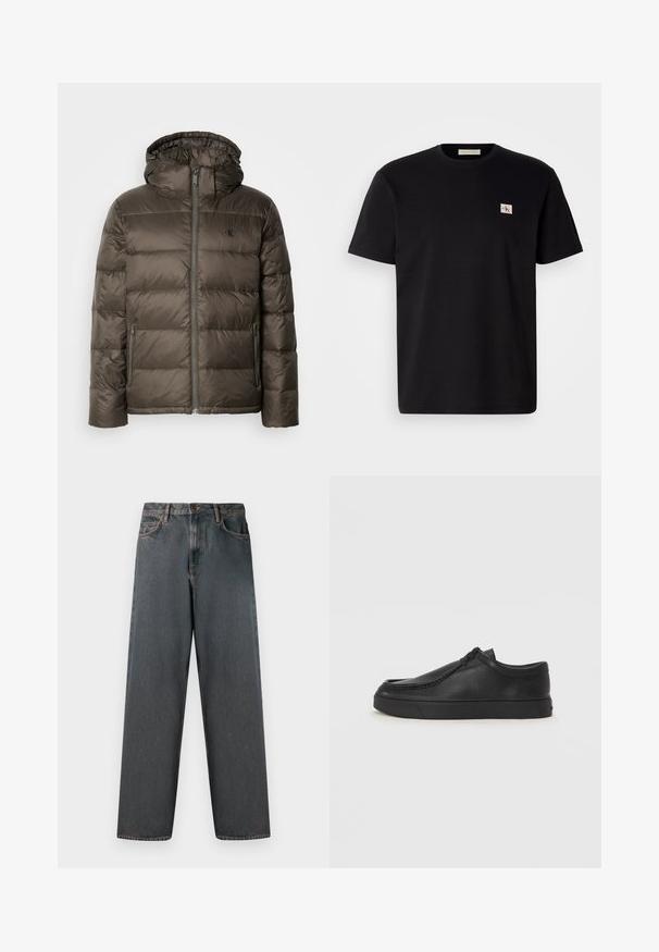 Padded brown jacket with a hood, featuring a front zipper, side pockets, and a quilted design. Material appears lightweight and smooth.; Black cotton t-shirt with short sleeves, crew neck, and a small embroidered logo on the left chest. Smooth texture, regular fit.; Dark gray denim jeans with a straight-leg design, five pockets, and a button-and-zip fly. The fabric features subtle fading and stitching.; Black leather slip-on shoe with a rounded toe, stitched detailing, and black rubber sole. Smooth texture with minimalistic design.