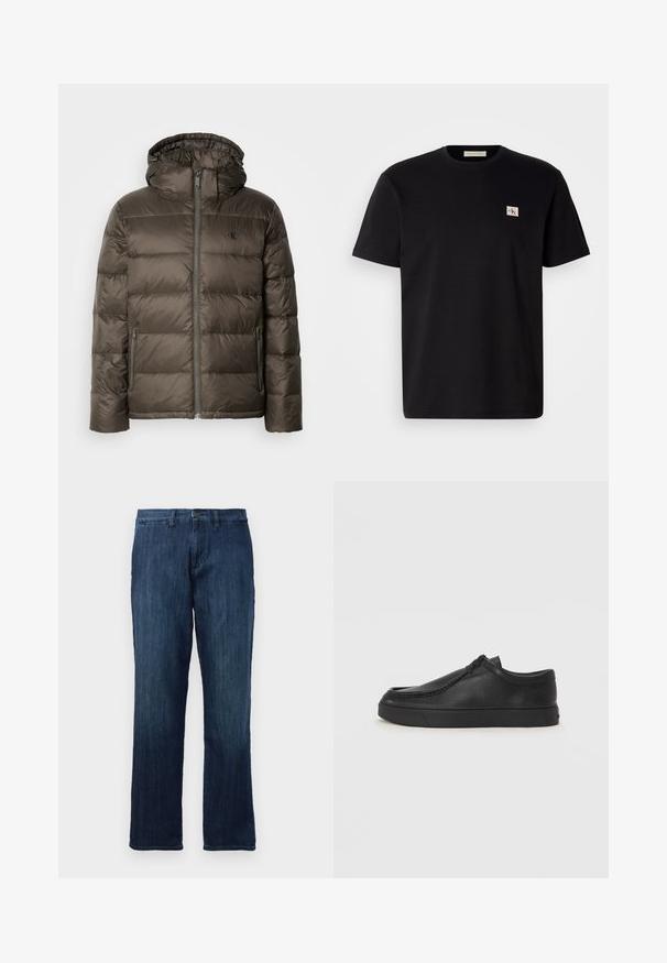 Polstret brun jakke med hætte, der har en frontlynlås, sidelommer og et quiltet design. Materialet ser let og glat ud.; Sort bomulds T-shirt med korte ærmer, rund halsudskæring og et lille broderet logo på venstre bryst. Glat tekstur, almindelig pasform.; Mørkeblå denimjeans med lige ben-design, der har en frontlukning med knap og standard fem-lomme stil. Glat tekstur og medium vægt.; Sorte læderslippersko med en rund tå, stikninger og sort gummisål. Glat tekstur med minimalistisk design.