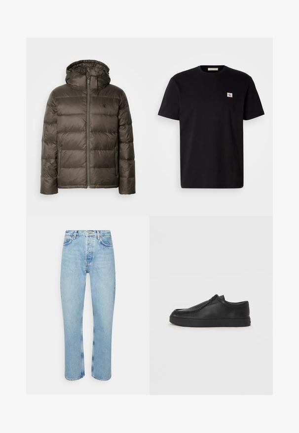 Casaco castanho acolchoado com capuz, apresentando um fecho à frente, bolsos laterais e um design acolchoado. O material parece leve e suave.; T-shirt de algodão preto com mangas curtas, gola redonda e um pequeno logotipo bordado no lado esquerdo do peito. Textura suave, corte regular.; Jeans de denim azul claro com um corte reto, cintura alta, design de cinco bolsos e detalhes de costura visíveis nas costuras e bainhas.; Sapata slip-on de couro preto com biqueira arredondada, detalhes cosidos e sola de borracha preta. Textura suave com design minimalista.