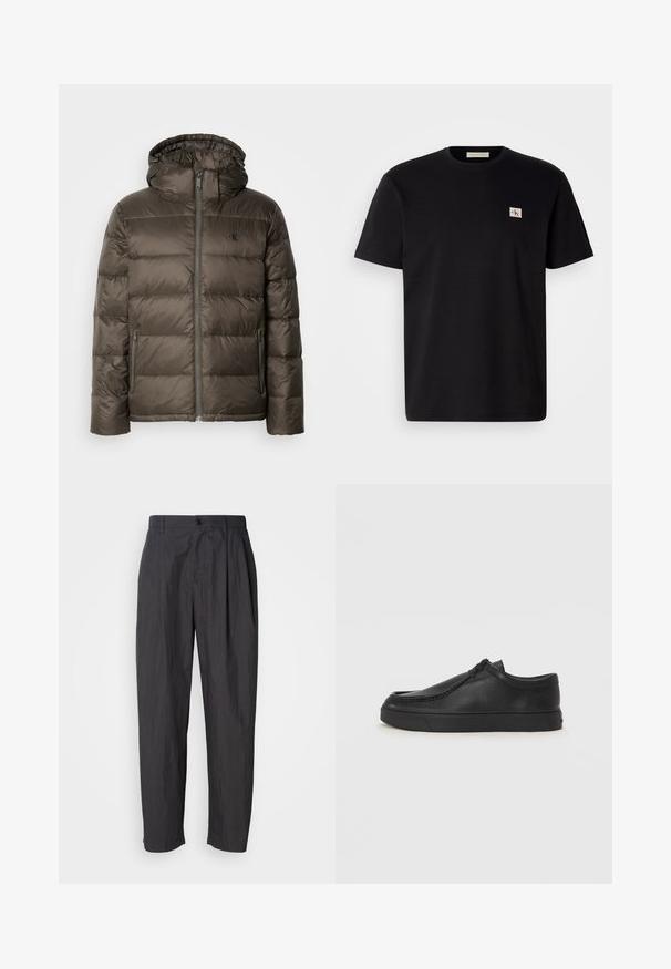 Padded brown jacket with a hood, featuring a front zipper, side pockets, and a quilted design. Material appears lightweight and smooth.; Black cotton t-shirt with short sleeves, crew neck, and a small embroidered logo on the left chest. Smooth texture, regular fit.; Dark gray straight-leg trousers with belt loops, front button closure, and side pockets on a plain light background.; Black leather slip-on shoe with a rounded toe, stitched detailing, and black rubber sole. Smooth texture with minimalistic design.