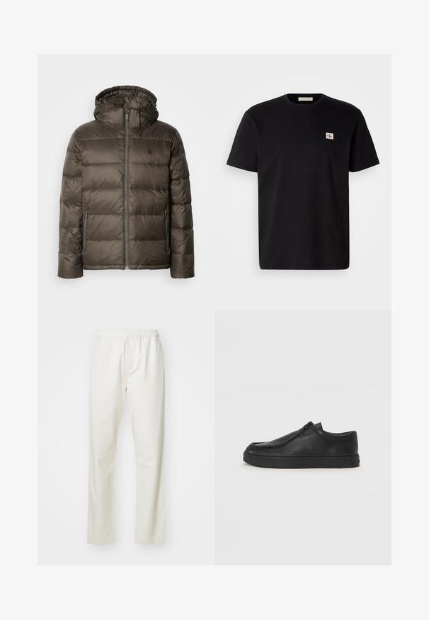 Padded brown jacket with a hood, featuring a front zipper, side pockets, and a quilted design. Material appears lightweight and smooth.; Black cotton t-shirt with short sleeves, crew neck, and a small embroidered logo on the left chest. Smooth texture, regular fit.; White cotton trousers with an elastic waistband and straight leg design, featuring a smooth texture and no visible patterns or accents.; Black leather slip-on shoe with a rounded toe, stitched detailing, and black rubber sole. Smooth texture with minimalistic design.