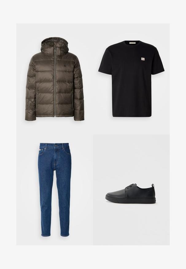 Padded rjava bunda s kapuco, ki ima sprednji zadrgo, stranska žepa in prešito zasnovo. Material se zdi lahek in gladek.; Črna bombažna majica s kratkimi rokavi, okroglim izrezom in majhnim vezenim logotipom na levem prsnem delu. Gladka tekstura, običajen kroj.; Modre jeans hlače s ravnim nogavicom, z gumbom za zapiranje, petimi žepi in rumenim šivanjem ob šivih. Mehka tekstura in srednja teža.; Črne usnjene športne čevlje z gladko površino, okroglo oblikovano nosilo, toniranim šivanjem, vezanjem spredaj in ravnim gumijastim podplatom. Zanko na peti.