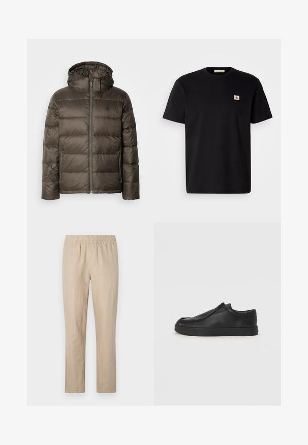 Braune gepolsterte Jacke mit Kapuze, ausgestattet mit einem Reißverschluss vorne, seitlichen Taschen und einem gesteppten Design. Das Material scheint leicht und glatt zu sein.; Schwarzes Baumwoll-T-Shirt mit kurzen Ärmeln, Rundhalsausschnitt und kleinem gesticktem Logo auf der linken Brust. Geschmeidige Textur, normale Passform.; Beige Leinenhose mit elastischem Bund, geradem Beinschnitt und minimalen Nähten für eine glatte Textur und ein leichtes Tragegefühl.; Schwarze Leder-Schlupfschuhe mit runder Zehenform, genähten Details und schwarzer Gummisohle. Glatte Textur mit minimalistischem Design.