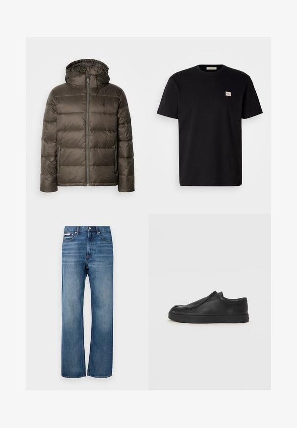 Pudruota ruda striukė su kapišonu, su priekiniais užtrauktukais, šoninėmis kišenėmis ir siuvinėtu raštu. Medžiaga atrodo lengva ir glotni.; Juodas medvilnės marškinėliai su trumpomis rankovėmis, apvaliu kaklu ir mažu siuvinėtą logotipu kairėje krūtinės pusėje. Lygi tekstūra, reguliaraus kirpimo.; Mėlyni tiesaus kirpimo džinsai su šiek tiek išblukimu, priekinis mygtukų užsegimas ir mažas logotipo ženkliukas dešinėje priekinėje kišenėje.; Juodos odinės supjamintus batelius su apvaliu pirštu, siuvinėtu akcentu ir juodu guminiu padu. Lygus tekstūra su minimalistišku dizainu.