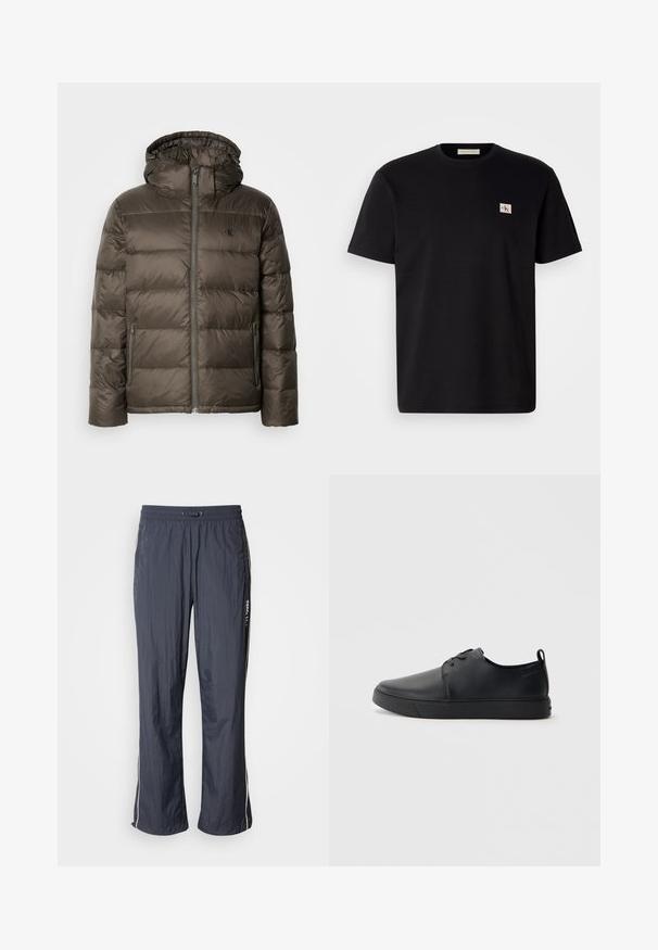 Hnědá zateplená bunda s kapucí, vybavená předním zipem, bočními kapsami a prošívaným vzorem. Materiál vypadá lehce a hladce.; Černé bavlněné tričko s krátkým rukávem, kulatým výstřihem a malým vyšívaným logem na levé straně hrudi. Hladká textura, standardní střih.; Námořnické modré lehké tréningové kalhoty s elastickým pasem, bočními kapsami a bílými ozdobnými pruhy po stranách. Hladká textura.; Černé kožené tenisky s hladkým povrchem, zaoblenou špičkou, tónovým prošíváním, šněrovacím uzávěrem a plochou gumovou podrážkou. Očko na patě.