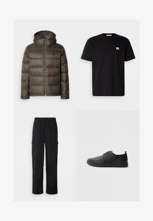 Casaco castanho acolchoado com capuz, apresentando um fecho à frente, bolsos laterais e um design acolchoado. O material parece leve e suave.; T-shirt de algodão preto com mangas curtas, gola redonda e um pequeno logotipo bordado no lado esquerdo do peito. Textura suave, corte regular.; Calças cargo pretas com um cós elástico, dois bolsos laterais e um tecido suave e leve. Apresenta um corte reto e um design minimalista.; Sapatilha de couro preta com um acabamento liso, bico arredondado, costura ton sur ton, frente com atacadores e sola plana de borracha. Alça no calcanhar.