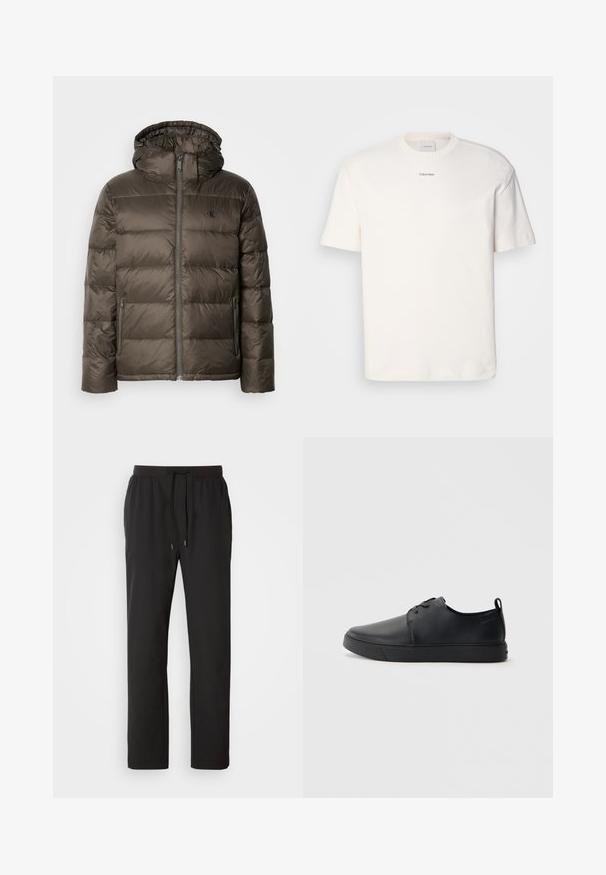 Braune gepolsterte Jacke mit Kapuze, ausgestattet mit einem Reißverschluss vorne, seitlichen Taschen und einem gesteppten Design. Das Material scheint leicht und glatt zu sein.; Weißes Baumwoll-T-Shirt mit rundem Ausschnitt, kurzen Ärmeln und gesticktem "Calvin Klein"-Logo in der Mitte der Brust. Schlichtes Design.; Schwarze Jogginghosen aus leichtem Stoff, mit einem elastischen Bund und verstellbaren Kordeln sowie Seitentaschen. Glatte Textur.; Schwarze Leder-Sneaker mit glatter Oberfläche, abgerundeter Zehenpartie, gleichfarbiger Nähte, schnürbarem Vorderteil und flacher Gummisohle. Schlaufe an der Ferse.