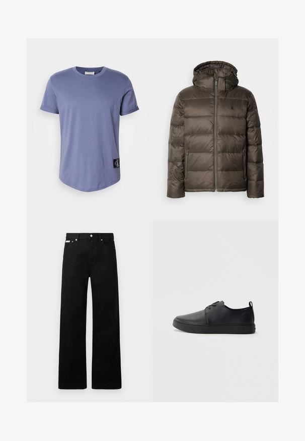 Kényelmes, kapucnis barna dzseki, elülső cipzárral, oldalsó zsebekkel és steppelt mintázattal. Az anyaga könnyűnek és simának tűnik.; Világoskék, rövid ujjú póló sima pamutból. Lekerekített nyakkivágással rendelkezik, és az alsó bal oldalon egy fekete logó címke található.; Fekete farmernadrág széles szabással, öt zsebbel és fém gombos díszítéssel. Sima felület, látható minták nélkül.; Fekete bőr sportcipő sima felülettel, lekerekített orral, azonos színű varrással, fűzős elülső résszel és lapos gumitalppal. Hurok a sarkán.