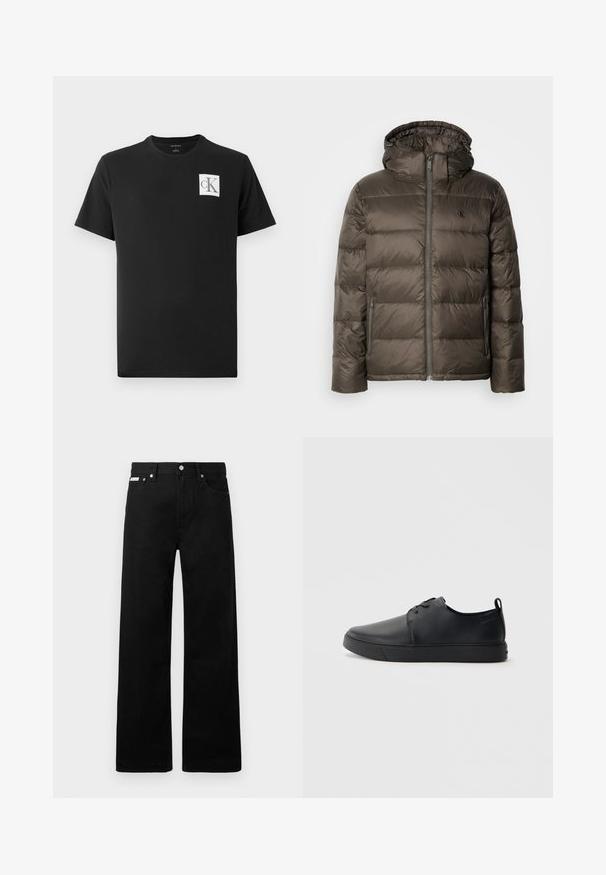 Casaco castanho acolchoado com capuz, apresentando um fecho à frente, bolsos laterais e um design acolchoado. O material parece leve e suave.; T-shirt de algodão preto com mangas curtas e decote redondo. Apresenta um logótipo quadrado branco com "CK" em preto no lado esquerdo do peito.; Calças de ganga pretas com um design de pernas largas, apresentando cinco bolsos e fechos metálicos. Textura suave, sem padrões visíveis.; Sapatilha de couro preta com um acabamento liso, bico arredondado, costura ton sur ton, frente com atacadores e sola plana de borracha. Alça no calcanhar.