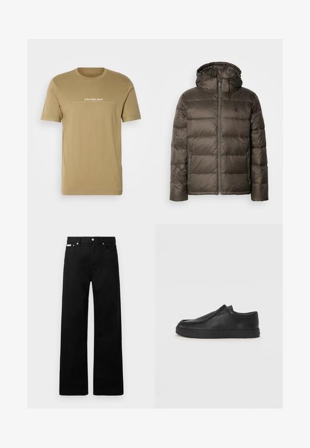 Soevitatud pruun jope kapuutsiga, millel on eesneed ja küljetaskud ning tikandiga mustri. Materjal näib kerge ja sujuv.; Kohvatu puuvillane T-särk lühikeste varrukatega. Esiküljel on valge tekstiga logo "Calvin Klein Jeans" ja asutamise aasta.; Mustadest denimist püksid laiade jalgadega, viie tasku ja metallist nööpidega. Sile tekstuur, nähtavad mustrid puuduvad.; Must na ostri varvastega musta nahast libisemisega king, millel on tikand ja must kummitald. Sile tekstuur ja minimalistik disain.