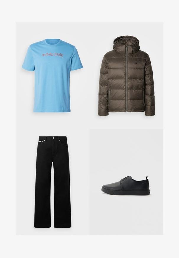 Pudruota ruda striukė su kapišonu, su priekiniais užtrauktukais, šoninėmis kišenėmis ir siuvinėtu raštu. Medžiaga atrodo lengva ir glotni.; Šviesiai mėlyna medvilninė trumpomis rankovėmis marškinėliai su apvalia iškirpte, su ryškiu raudonu "calvin klein" logotipu per krūtinę.; Juodos džinsinės kelnės su plačiu kojų dizainu, turinčios penkias kišenes ir metalinius sagčių akcentus. Lygus paviršius, be matomų raštų.; Juodos odinės sportinės bateliai su lygiu paviršium, suapvalinta nosimi, toniniais siūlais, raištelių užsegimu priekyje ir plokščiu guminiu padu. Kilpelė ant kulno.