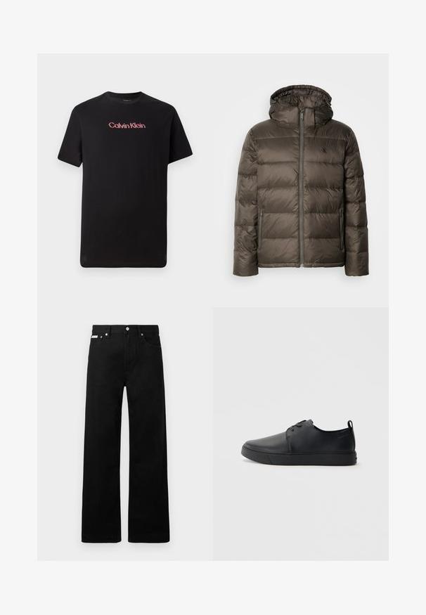 Hnědá zateplená bunda s kapucí, vybavená předním zipem, bočními kapsami a prošívaným vzorem. Materiál vypadá lehce a hladce.; Černé tričko s krátkým rukávem vyrobené z bavlny, s centrálním logem Calvin Klein v červené a bílé barvě, s kulatým výstřihem a volným střihem.; Černé denimové kalhoty s širokým střihem, s pěti kapsami a kovovými knoflíky. Hladký povrch, bez viditelných vzorů.; Černé kožené tenisky s hladkým povrchem, zaoblenou špičkou, tónovým prošíváním, šněrovacím uzávěrem a plochou gumovou podrážkou. Očko na patě.