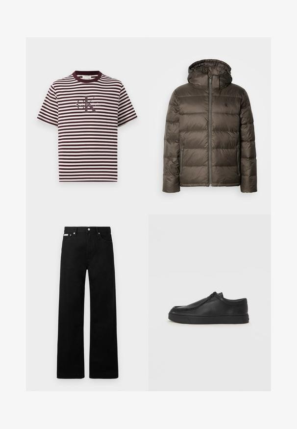 Soevitatud pruun jope kapuutsiga, millel on eesneed ja küljetaskud ning tikandiga mustri. Materjal näib kerge ja sujuv.; Ribade paita burgundi ja kreemi värviga, millel on ümmargune kaelus ja lühikesed varrukad. Keskel on "Calvin Klein" logo. Pehme kanga tekstuur.; Mustadest denimist püksid laiade jalgadega, viie tasku ja metallist nööpidega. Sile tekstuur, nähtavad mustrid puuduvad.; Must na ostri varvastega musta nahast libisemisega king, millel on tikand ja must kummitald. Sile tekstuur ja minimalistik disain.