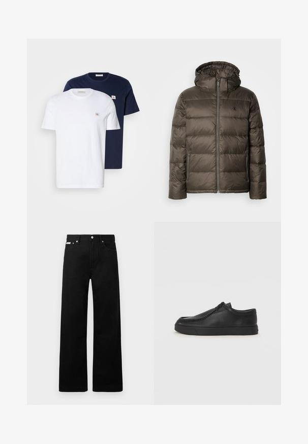 Gevoerde bruine jas met capuchon, voorzien van een ritssluiting aan de voorkant, zijzakken en een gestikte ontwerp. Het materiaal lijkt lichtgewicht en glad.; Katoenen t-shirt pakket in wit en marineblauw. Elk shirt heeft een ronde hals, korte mouwen en een klein logo-patch op de borst.; Zwarte spijkerbroek met een wijd uitlopende pasvorm, voorzien van vijf zakken en metallic knopen. Gladde textuur, geen zichtbare patronen.; Zwarte leren instapschoen met een ronde neus, gestikte details en een zwarte rubberen zool. Soepele textuur met een minimalistisch ontwerp.